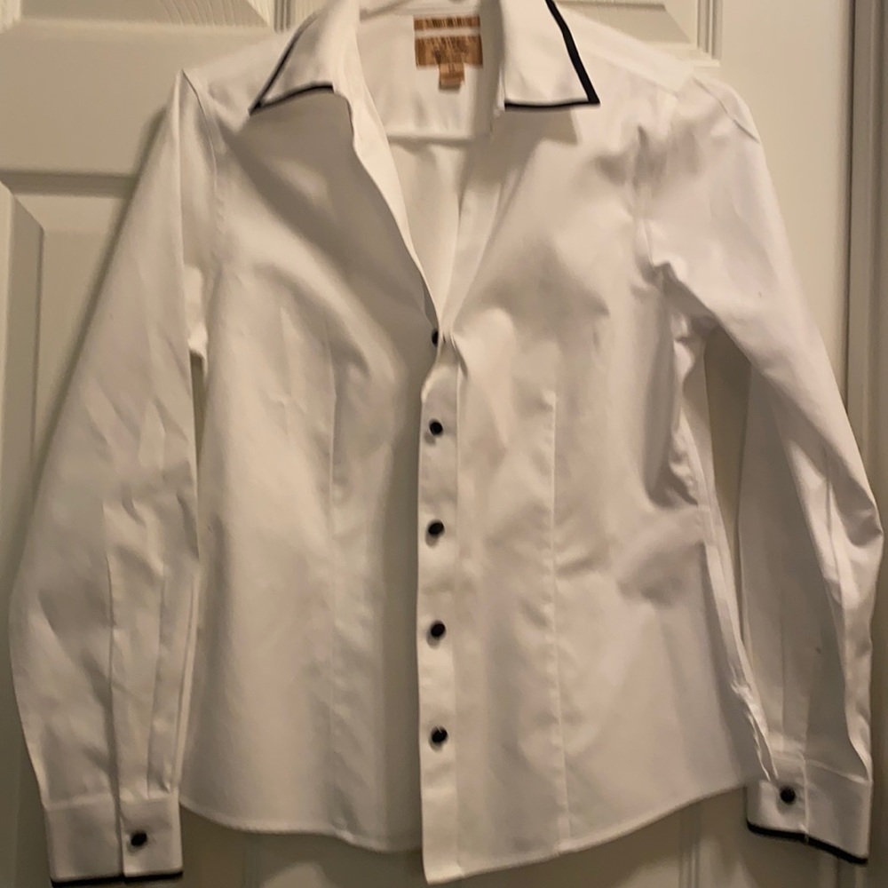 Brand new button down to with black trim and buttons